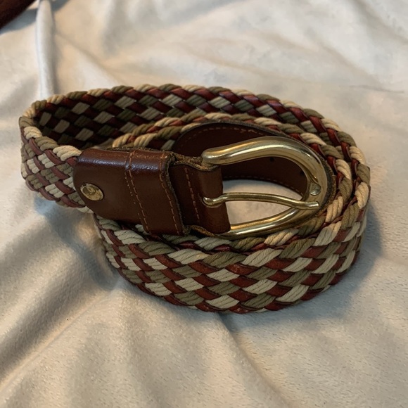 Italian braided leather belt brown green tan brass rounded buckle Italy size 37 - Picture 1 of 7